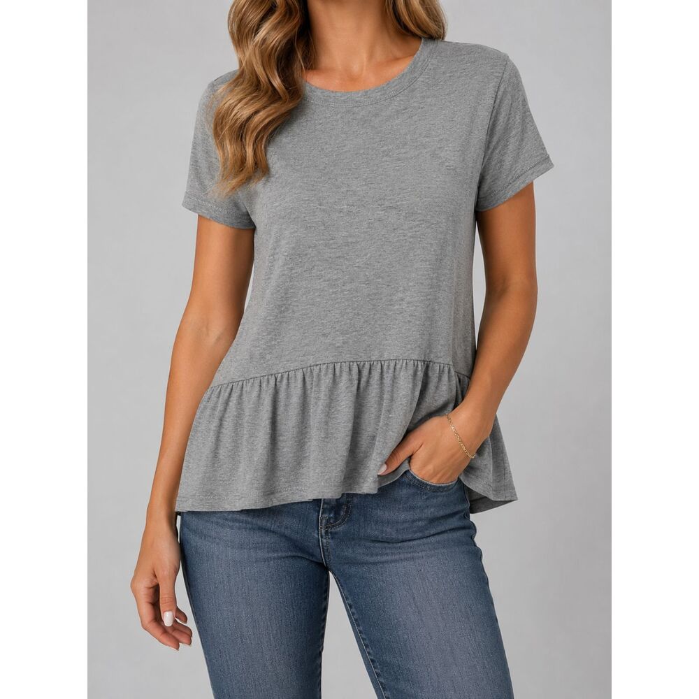 Hudson Women’s L Gray Peplum Top Short Sleeve Ruffle Hem Stretch Casual Tee